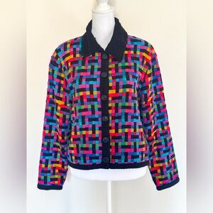 Michael Simon Vintage 90s Colorful Woven Cardigan Knit‎ Sweater Petite Small SP